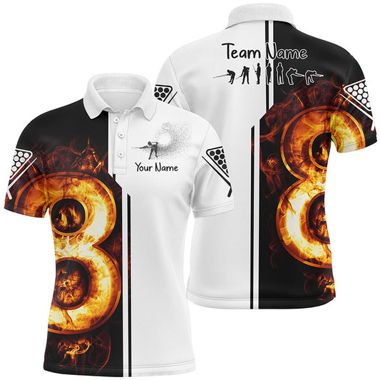 Billiard Polo Shirts, Personalized White Funny Pool Player 3D Fire Billiard Polo Shirts, 8 Ball Billiard Shirts, Billiards Team Shirts