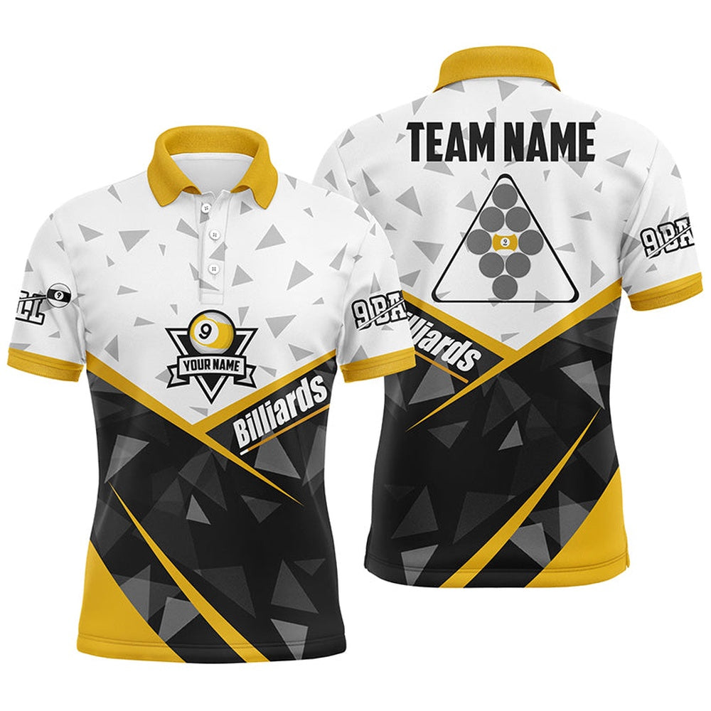 Billiard Polo Shirts, Personalized White Yellow 9 Ball Pool Polo Shirts, Custom Billiard Balls 9 Ball Team Shirts, Billiards Team Shirts