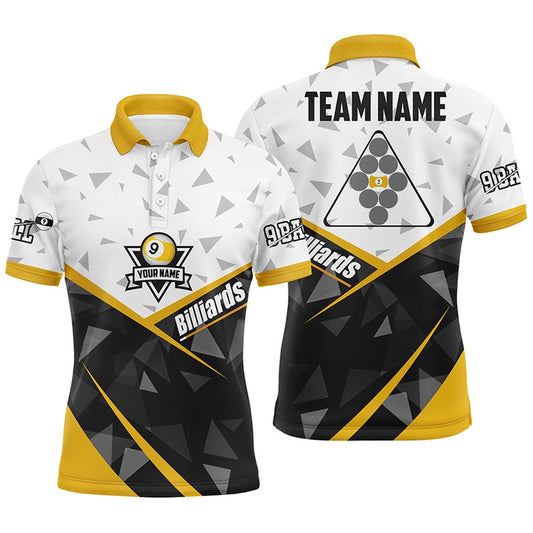 Billiard Polo Shirts, Personalized White Yellow 9 Ball Pool Polo Shirts, Custom Billiard Balls 9 Ball Team Shirts, Billiards Team Shirts