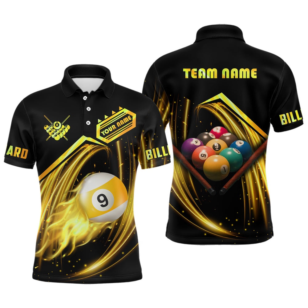 Billiard Polo Shirts, Personalized Yellow 9 Ball Billiard Polo Shirts Custom 9 Ball Team Shirts, Billiard Apparel, Billiards Team Shirts