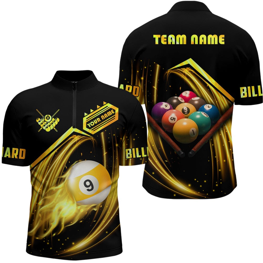 Billiard Polo Shirts, Personalized Yellow 9 Ball Billiard Polo Shirts Custom 9 Ball Team Shirts, Billiard Apparel, Billiards Team Shirts