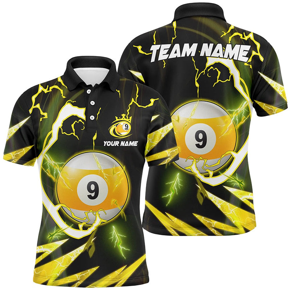 Billiard Polo Shirts, Personalized Yellow 9 Ball Pool Thunder Lightning Polo Shirts, Custom Billiards Shirts, Billiards Team Shirts