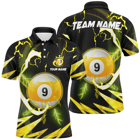 Billiard Polo Shirts, Personalized Yellow 9 Ball Pool Thunder Lightning Polo Shirts, Custom Billiards Shirts, Billiards Team Shirts