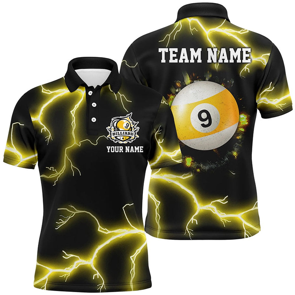 Billiard Polo Shirts, Personalized Yellow 9 Ball Pool Thunder Lightning Polo Shirts, Custom Billiards Team Shirts, Billiards Team Shirts