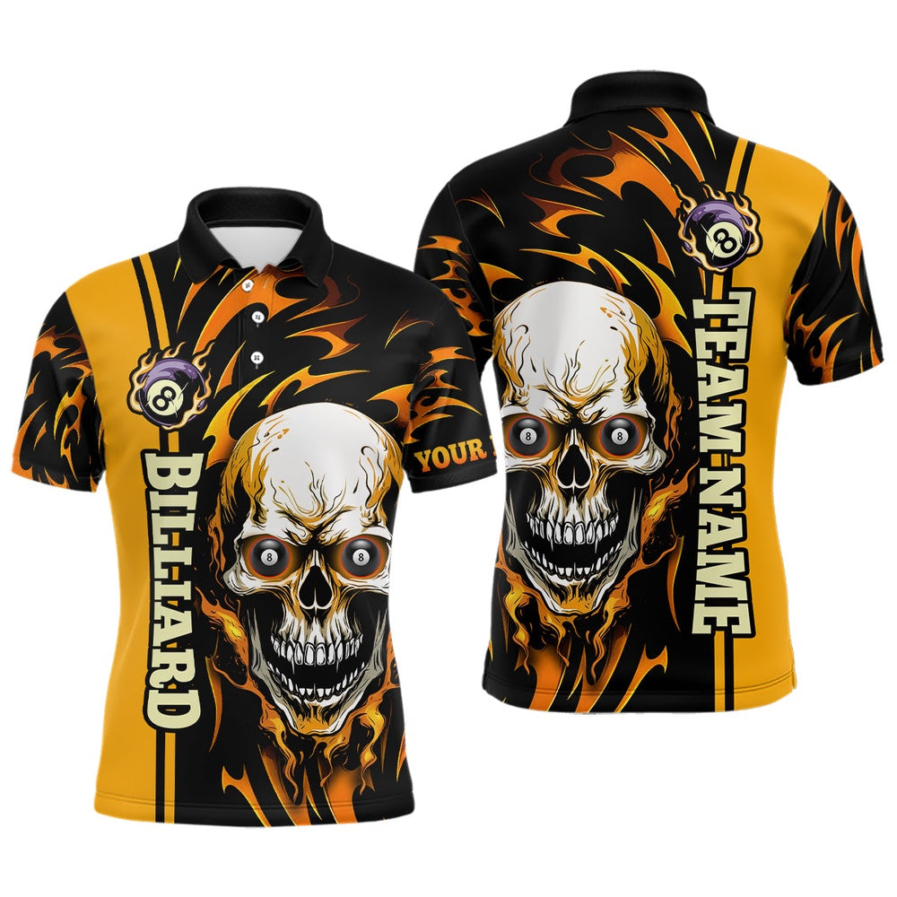 Billiard Polo Shirts, Personalized Yellow Billiard Skull Player 3D 'S Polo Shirts Custom Name Billiard Team Uniform, Billiards Team Shirts