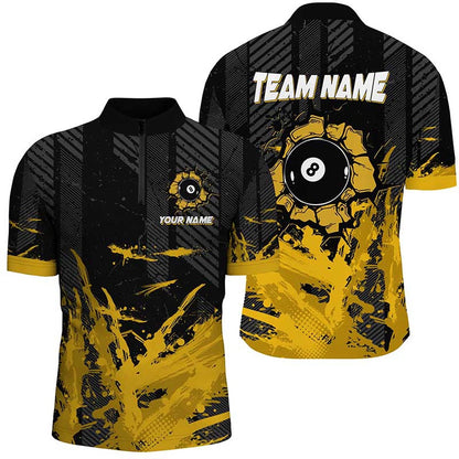 Billiard Polo Shirts, Personalized Yellow Black 8 Ball Pool Paint Billiard Shirts, Billiard Apparel Clothing, Billiards Team Shirts