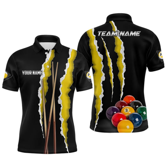 Billiard Polo Shirts, Personalized Yellow Black 9 Ball Pool 3D Printed Billiard Shirts, 9 Ball Billiard Team Jerseys, Billiards Team Shirts