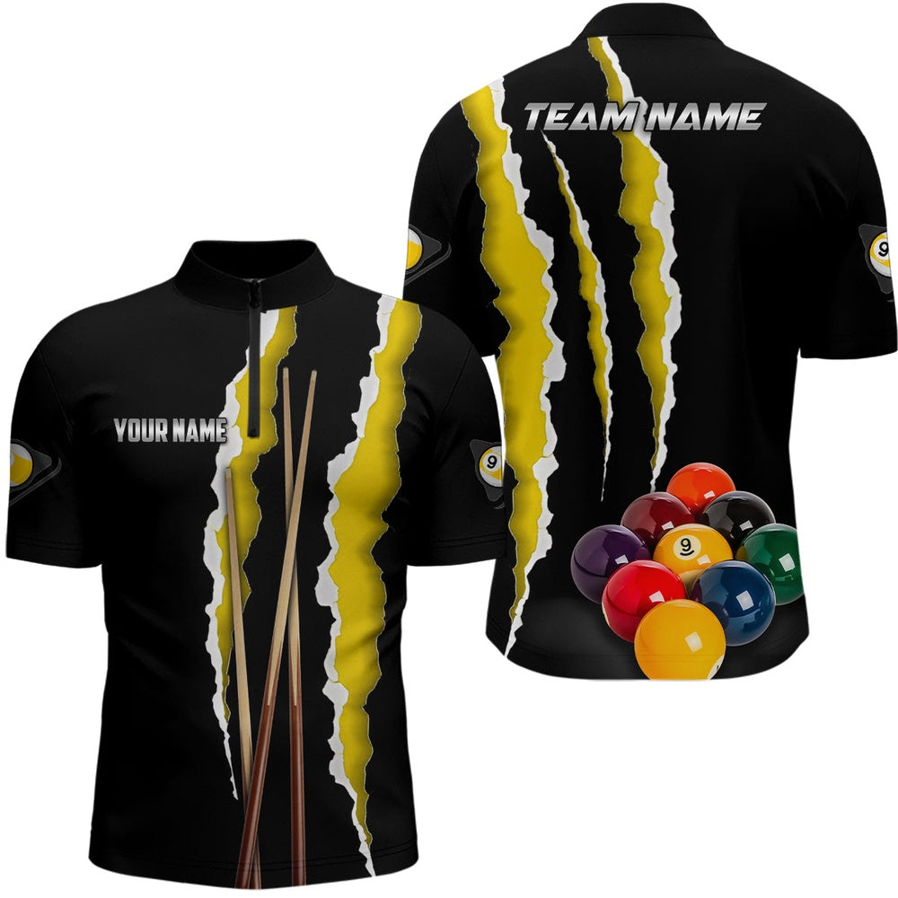 Billiard Polo Shirts, Personalized Yellow Black 9 Ball Pool 3D Printed Billiard Shirts, 9 Ball Billiard Team Jerseys, Billiards Team Shirts