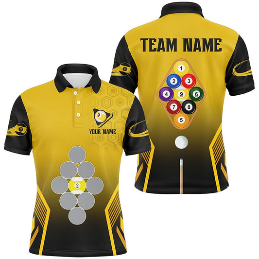 Billiard Polo Shirts, Personalized Yellow Black 9 Ball Pool Billiard Shirts Custom 9 Ball Team Jerseys Shirts, Billiards Team Shirts