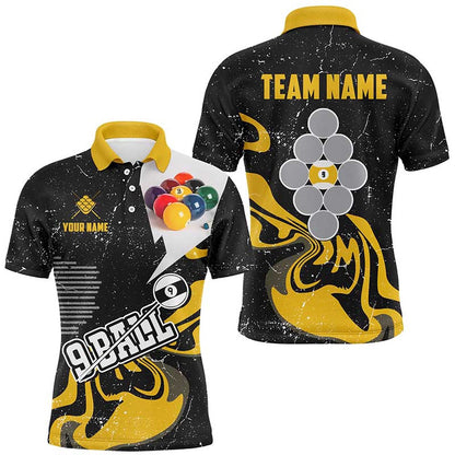 Billiard Polo Shirts, Personalized Yellow Black 9 Ball Pool Billiard Shirts Custom Grunge 9 Ball Billiard Team Shirts, Billiards Team Shirts
