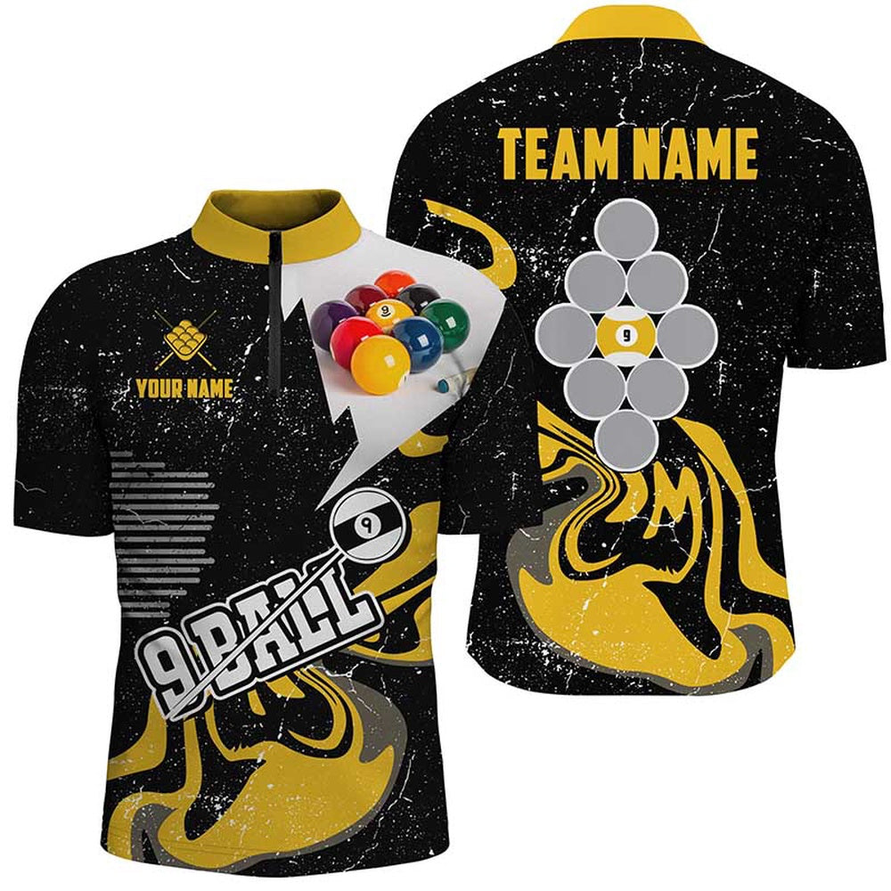 Billiard Polo Shirts, Personalized Yellow Black 9 Ball Pool Billiard Shirts Custom Grunge 9 Ball Billiard Team Shirts, Billiards Team Shirts