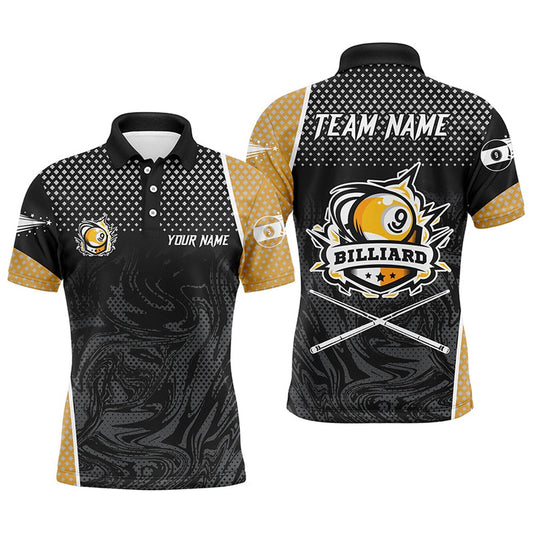Billiard Polo Shirts, Personalized Yellow Black 9 Ball Pool Polo Shirts, Billiard 9 Ball Team Jerseys, Billiards Team Shirts