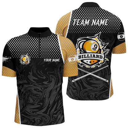 Billiard Polo Shirts, Personalized Yellow Black 9 Ball Pool Polo Shirts, Billiard 9 Ball Team Jerseys, Billiards Team Shirts