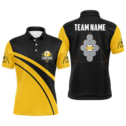 Billiard Polo Shirts, Personalized Yellow Black 9 Ball Pool Polo Shirts, Custom Billiard 9 Ball Team Jerseys, Billiards Team Shirts