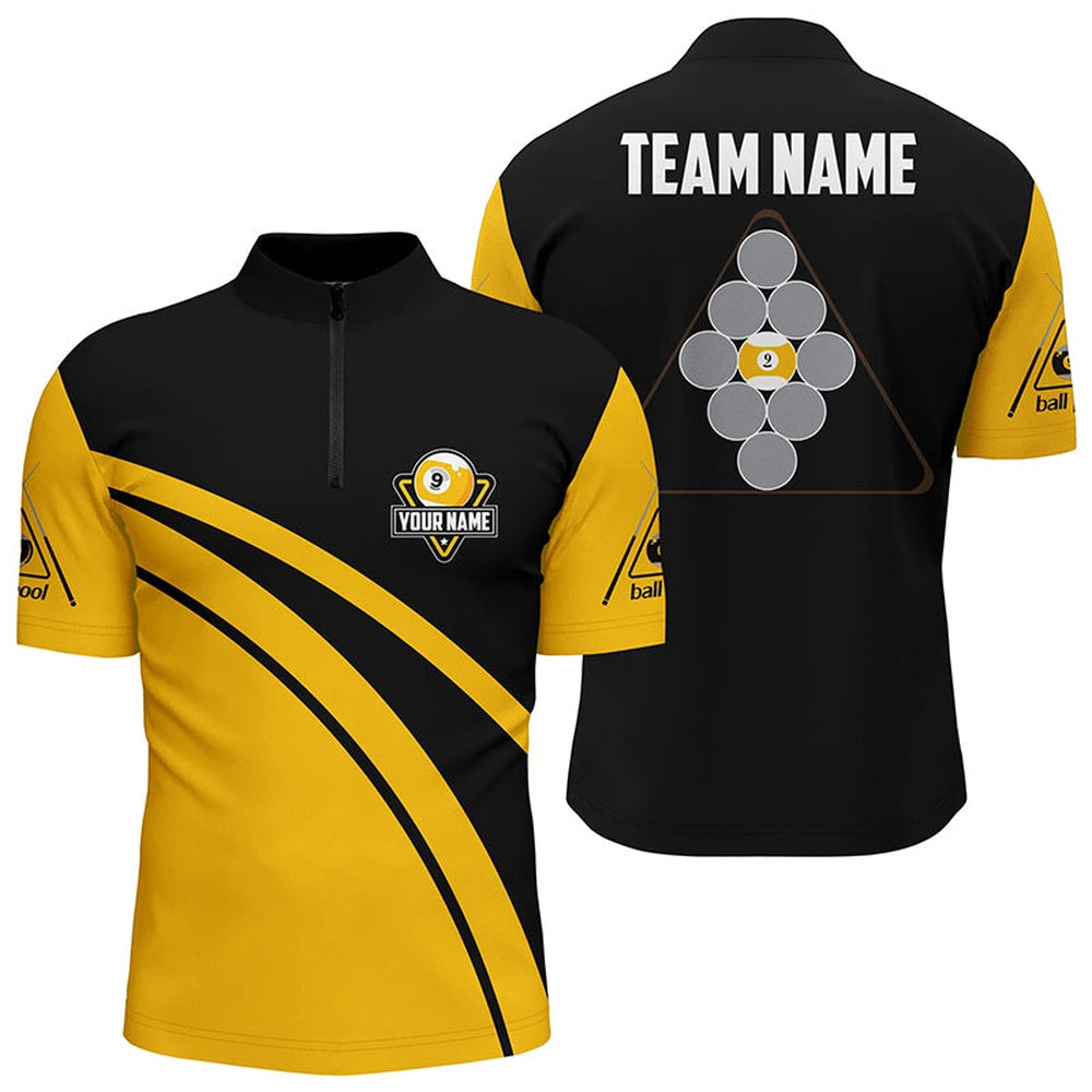 Billiard Polo Shirts, Personalized Yellow Black 9 Ball Pool Polo Shirts, Custom Billiard 9 Ball Team Jerseys, Billiards Team Shirts