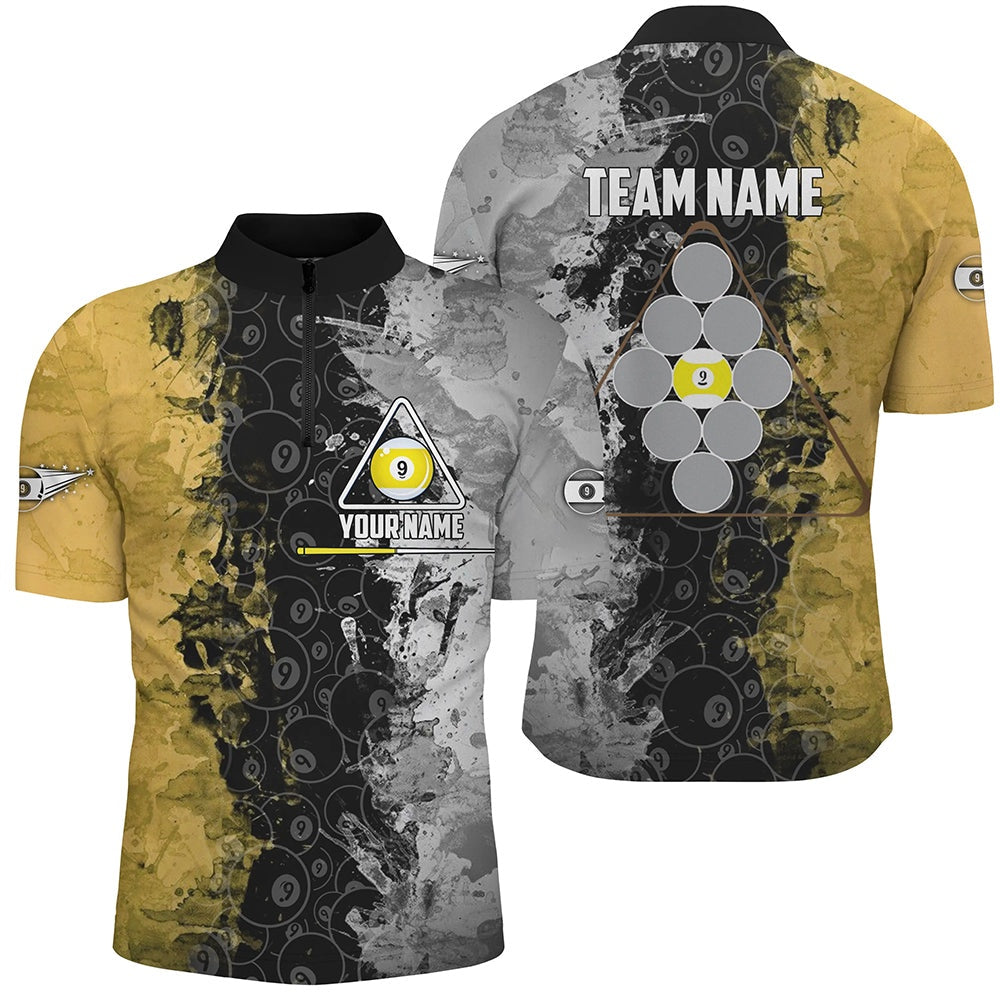 Billiard Polo Shirts, Personalized Yellow Black 9 Ball Pool Polo Shirts, Custom Billiard 9 Ball Team Shirt, Billiards Team Shirts