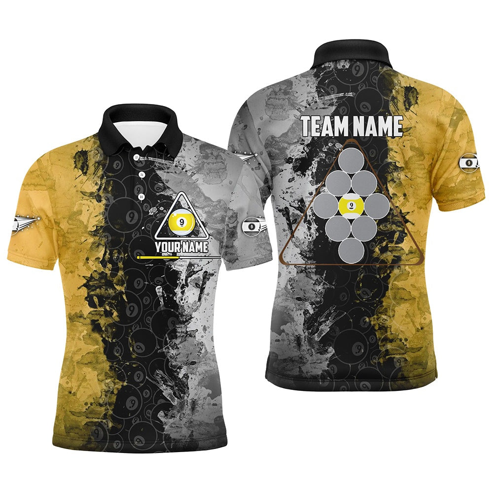 Billiard Polo Shirts, Personalized Yellow Black 9 Ball Pool Polo Shirts, Custom Name Billiard 9 Ball Team Shirts, Billiards Team Shirts