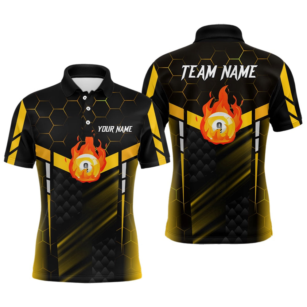 Billiard Polo Shirts, Personalized Yellow Fire 9 Ball Billiard 3D Polo Shirts, Custom 9 Ball Pool Team Jerseys, Billiards Team Shirts