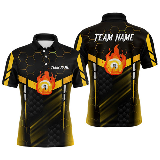 Billiard Polo Shirts, Personalized Yellow Fire 9 Ball Billiard 3D Polo Shirts, Custom 9 Ball Pool Team Jerseys, Billiards Team Shirts