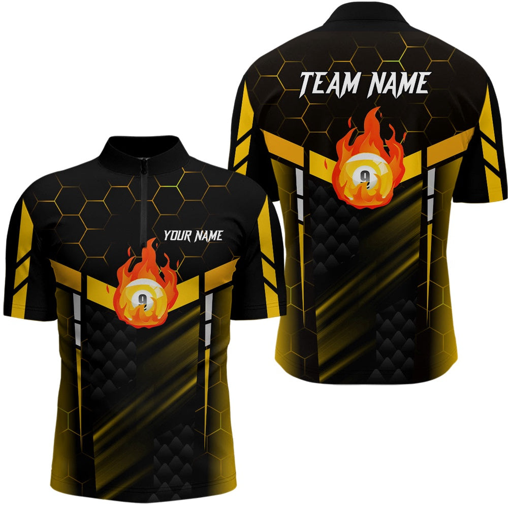 Billiard Polo Shirts, Personalized Yellow Fire 9 Ball Billiard 3D Polo Shirts, Custom 9 Ball Pool Team Jerseys, Billiards Team Shirts