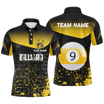 Billiard Polo Shirts, Personalized Yellow Fire 9 Ball Pool Billiard Polo Shirts, 9 Ball Billiard Team Shirts, Billiards Team Shirts