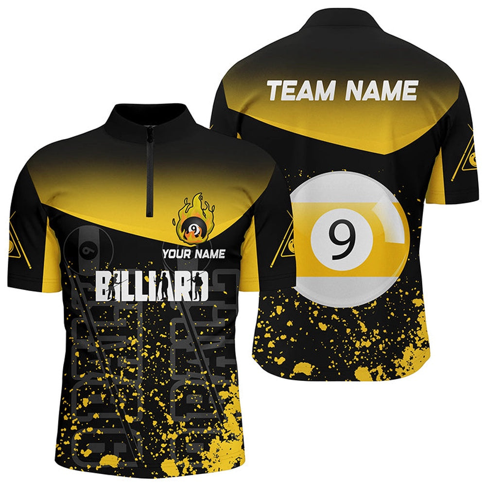 Billiard Polo Shirts, Personalized Yellow Fire 9 Ball Pool Billiard Polo Shirts, 9 Ball Billiard Team Shirts, Billiards Team Shirts