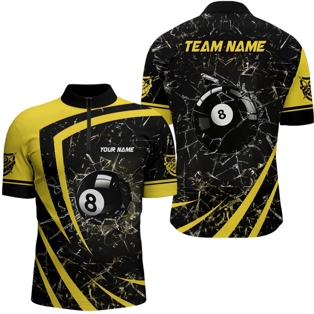 Billiard Polo Shirts, Personalized Yellow Glass Break 8 Ball Billiard 3D Polo Shirts, Custom 8 Ball Pool Jerseys, Billiards Team Shirts