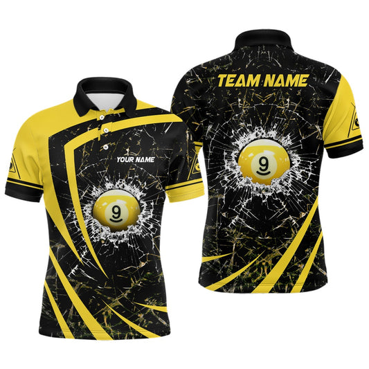Billiard Polo Shirts, Personalized Yellow Glass Break 9 Ball Billiard 3D Polo Shirts, Custom 9 Ball Pool Jerseys, Billiards Team Shirts