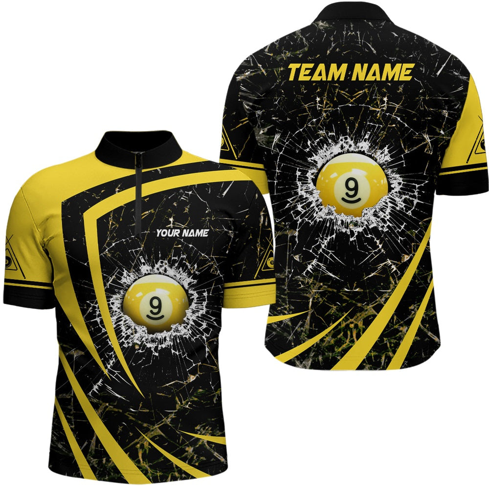 Billiard Polo Shirts, Personalized Yellow Glass Break 9 Ball Billiard 3D Polo Shirts, Custom 9 Ball Pool Jerseys, Billiards Team Shirts