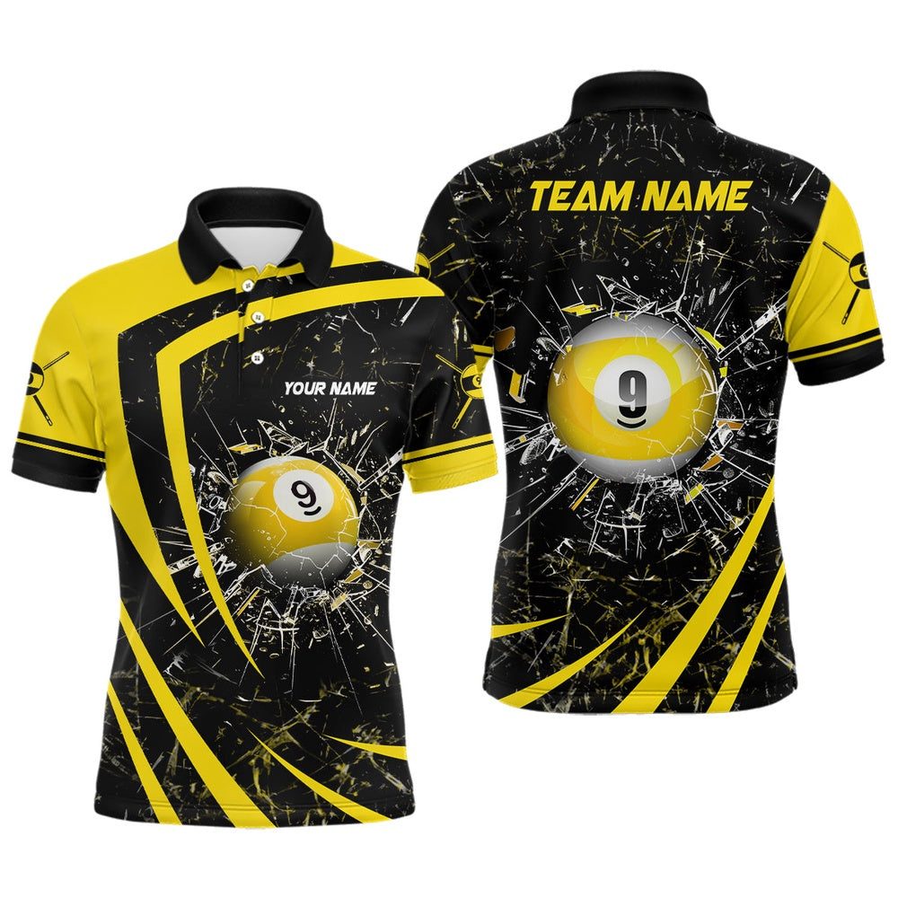 Billiard Polo Shirts, Personalized Yellow Glass Break 9 Ball Pool 3D Polo Shirts Billiards 9 Ball Team Jerseys, Billiards Team Shirts