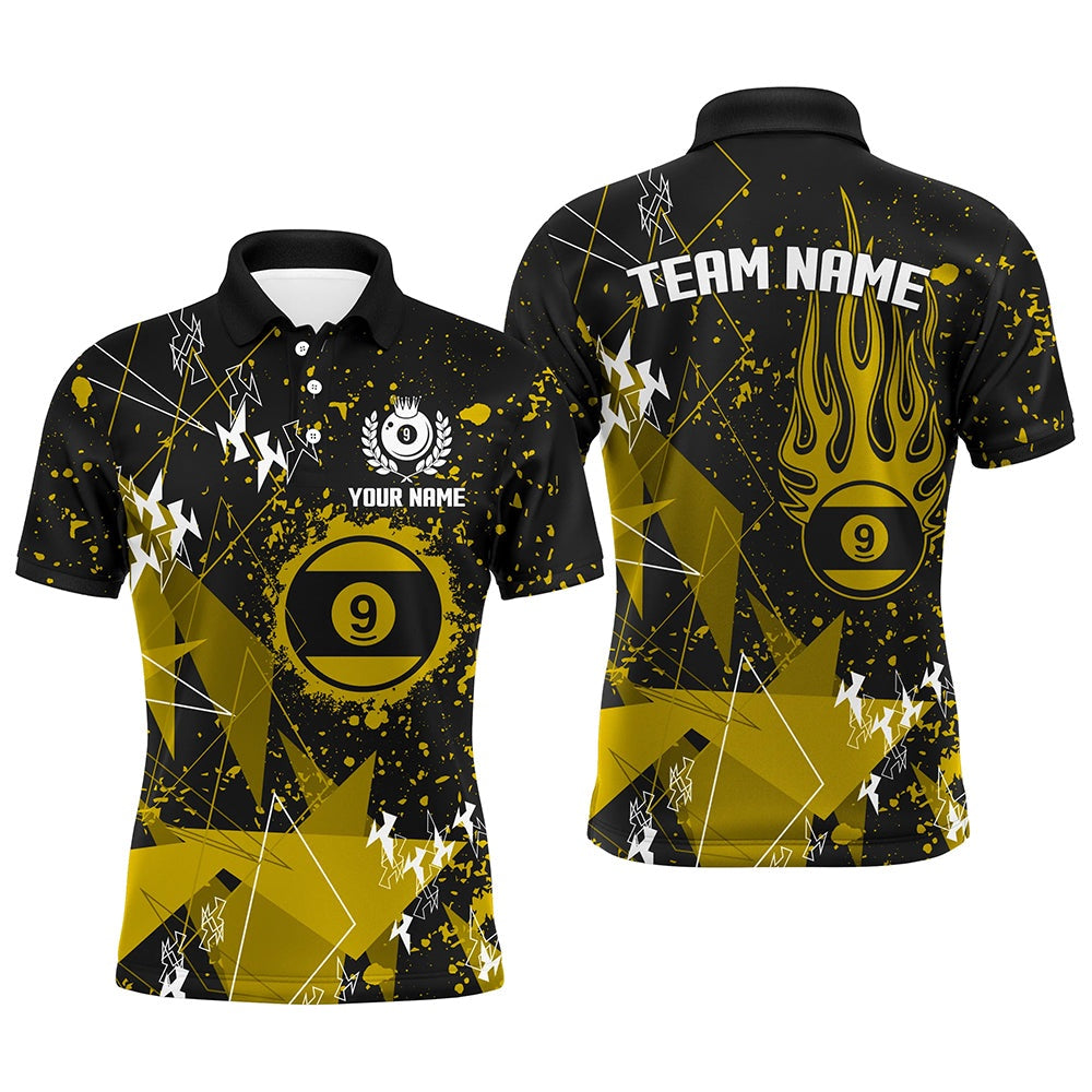 Billiard Polo Shirts, Personalized Yellow Grunge 9 Ball Billiard Polo Shirts, Custom Billiard Jersey For Pool Player, Billiards Team Shirts