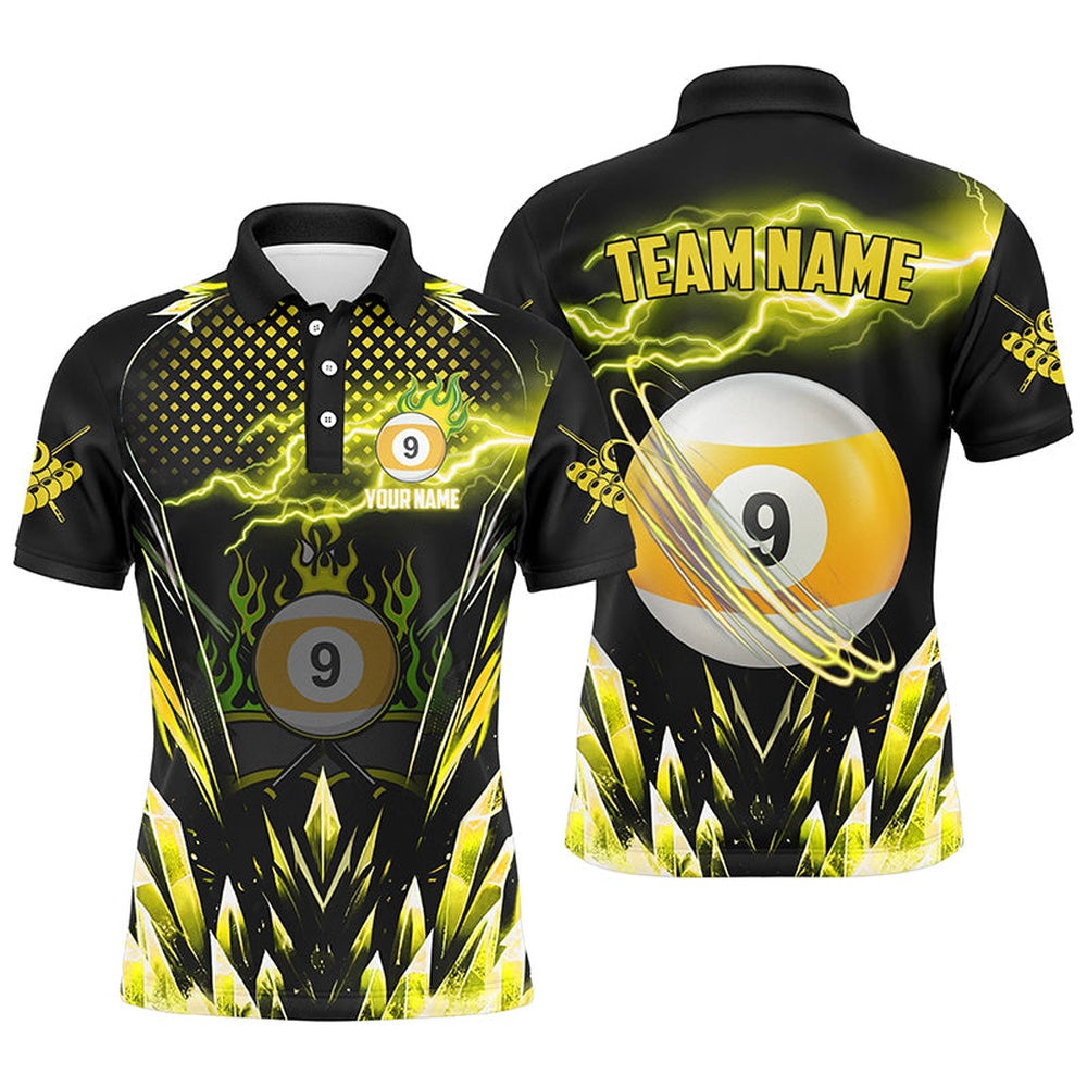 Billiard Polo Shirts, Personalized Yellow Icy Lightning 9 Ball Pool Polo Shirts Custom Billiard Team League Jersey, Billiards Team Shirts