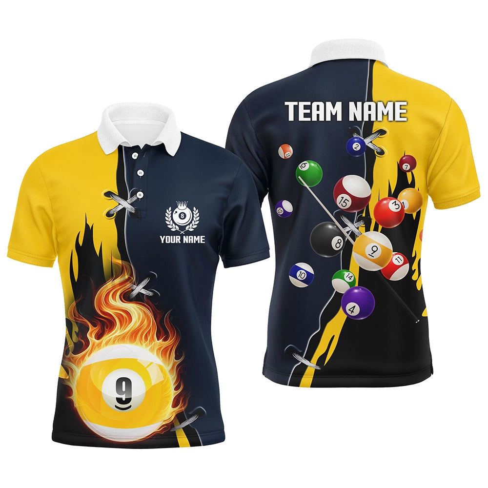 Billiard Polo Shirts, Personalized Yellow Navy 9 Ball Pool Jerseys Polo Shirts Custom Unique Billiard Balls Shirts, Billiards Team Shirts