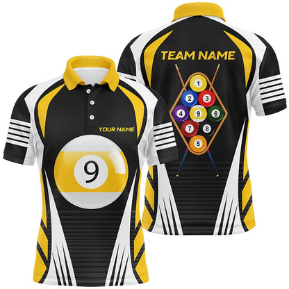 Billiard Polo Shirts, Personalized Yellow White 9 Ball Pool 3D Polo Shirts, Custom 9 Ball Team Billiard Jerseys, Billiards Team Shirts
