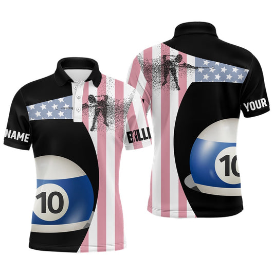 Billiard Polo Shirts, Personalzied American Flag 10 Ball Billiard 3D Polo Shirts, Custom 10 Ball Pool Jerseys, Billiards Team Shirts