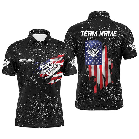 Billiard Polo Shirts, Personalzied US Flag 8 Ball Pool Black Grunge 3D Polo Shirts, Custom Billiards Jerseys, Billiards Team Shirts