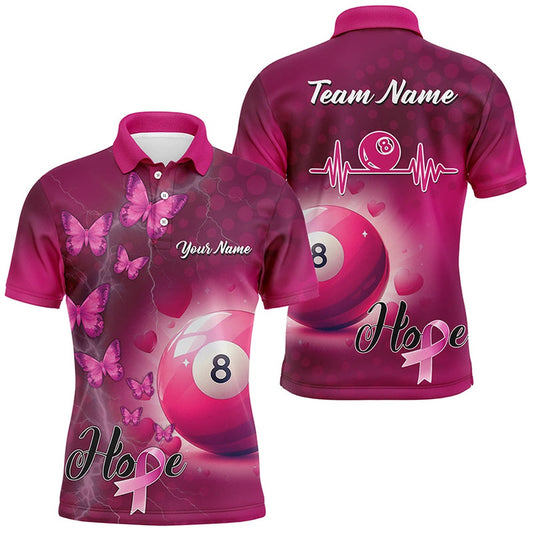 Billiard Polo Shirts, Pink 8 Ball Pool Billiard Shirts Custom Name Breast Cancer Awareness Billiard Team Jerseys, Billiards Team Shirts