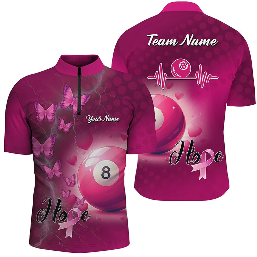 Billiard Polo Shirts, Pink 8 Ball Pool Billiard Shirts Custom Name Breast Cancer Awareness Billiard Team Jerseys, Billiards Team Shirts