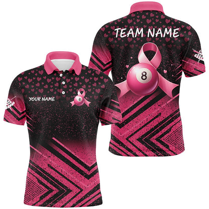 Billiard Polo Shirts, Pink Ribbon 8 Ball Pool Custom Grunge Style Billiard Shirts, Breast Cancer Billiard Jerseys, Billiards Team Shirts