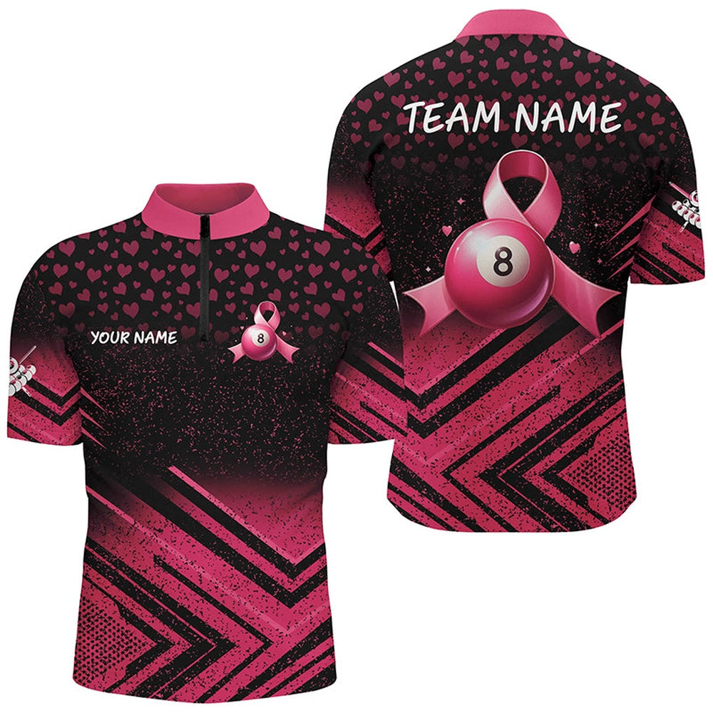 Billiard Polo Shirts, Pink Ribbon 8 Ball Pool Custom Grunge Style Billiard Shirts, Breast Cancer Billiard Jerseys, Billiards Team Shirts