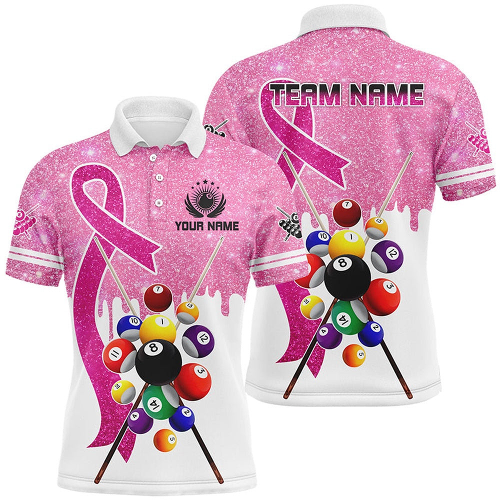 Billiard Polo Shirts, Pink Ribbon Billiard Balls Breast Cancer Awareness Pool Shirts Custom Billiard Jerseys, Billiards Team Shirts