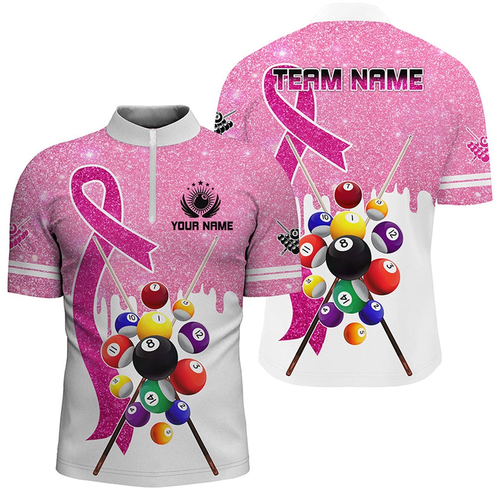 Billiard Polo Shirts, Pink Ribbon Billiard Balls Breast Cancer Awareness Pool Shirts Custom Billiard Jerseys, Billiards Team Shirts