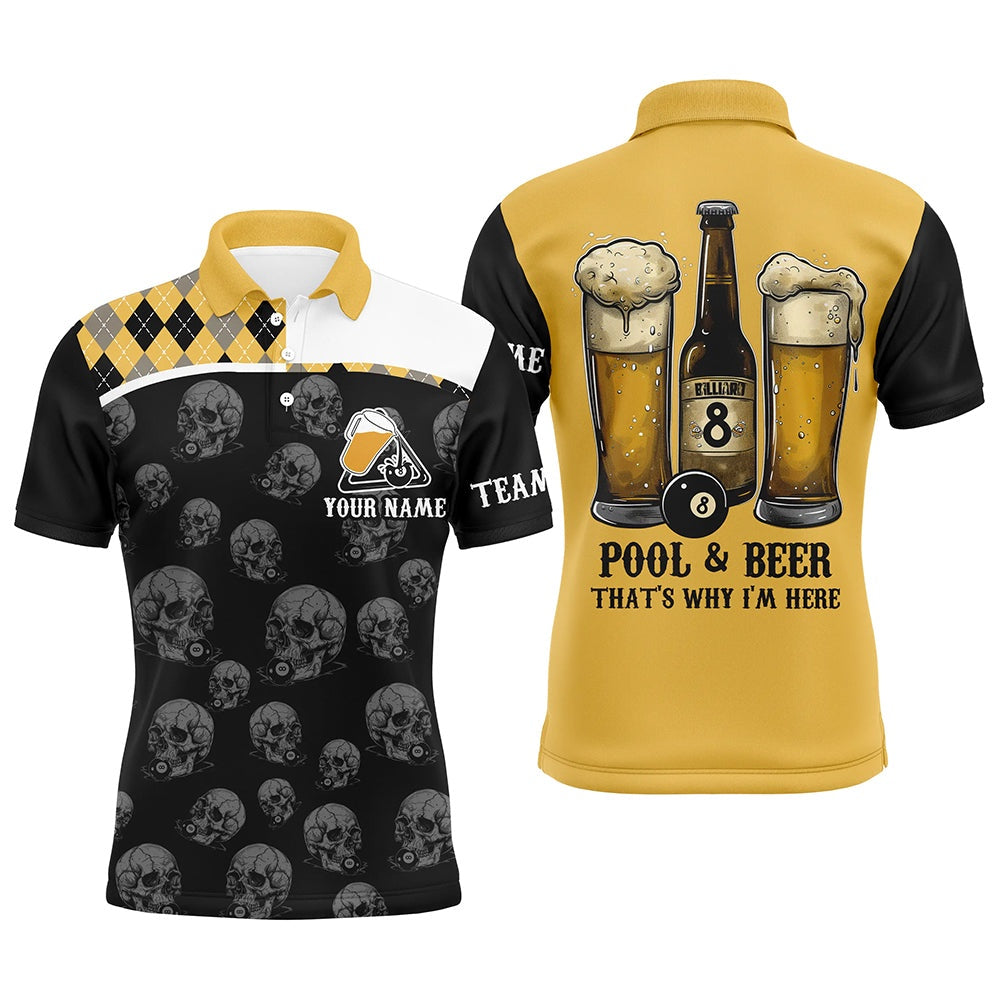 Billiard Polo Shirts, Pool & Beer That'S Why I'M Here Custom Billiard Shirts, Yellow Black Drinking Billiard Jerseys, Billiards Team Shirts