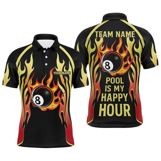 Billiard Polo Shirts, Pool Is My Happy Hour Billiard Shirts, 8 Ball Fire Flame Custom Black Billiard Jerseys, Billiards Team Shirts