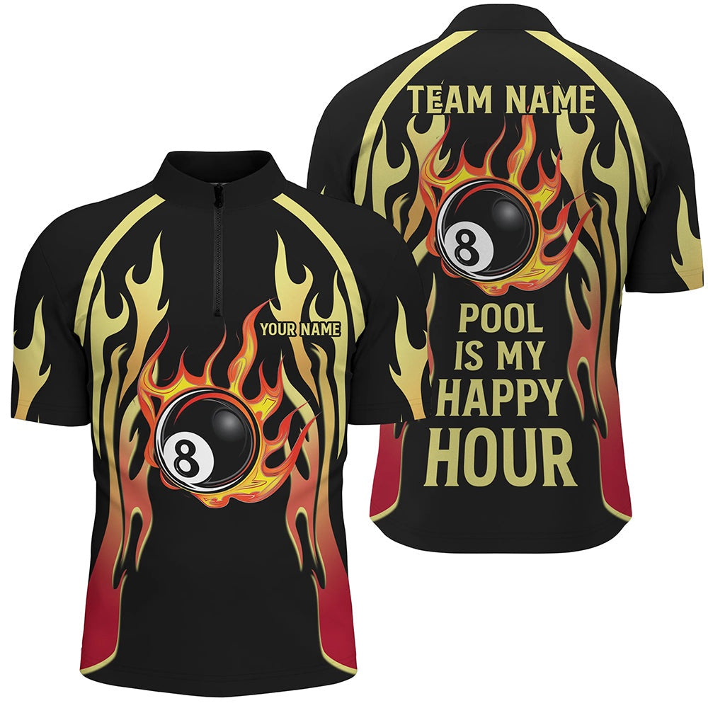 Billiard Polo Shirts, Pool Is My Happy Hour Billiard Shirts, 8 Ball Fire Flame Custom Black Billiard Jerseys, Billiards Team Shirts