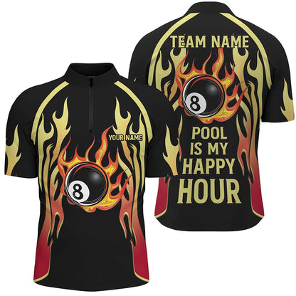 Billiard Polo Shirts, Pool Is My Happy Hour Billiard Shirts, 8 Ball Fire Flame Custom Black Billiard Jerseys, Billiards Team Shirts