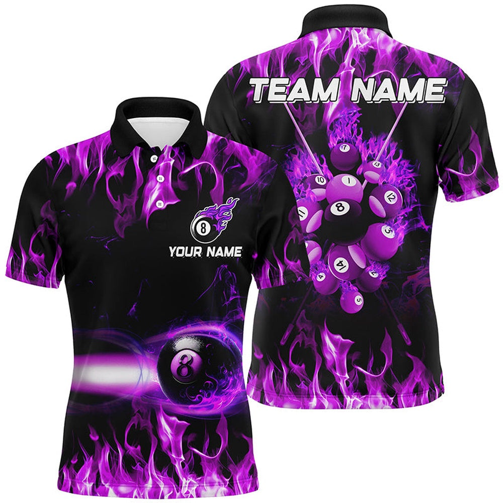 Billiard Polo Shirts, Purple 8 Ball Fire Smoke Pattern Personalized 3D Polo Shirts Best Billiard 8 Ball For Team, Billiards Team Shirts
