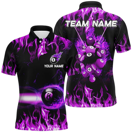 Billiard Polo Shirts, Purple 8 Ball Fire Smoke Pattern Personalized 3D Polo Shirts Best Billiard 8 Ball For Team, Billiards Team Shirts