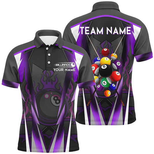 Billiard Polo Shirts, Purple 8 Ball Pool Fire Billiard Balls Polo Shirts Customized Team League Billiard Jersey, Billiards Team Shirts