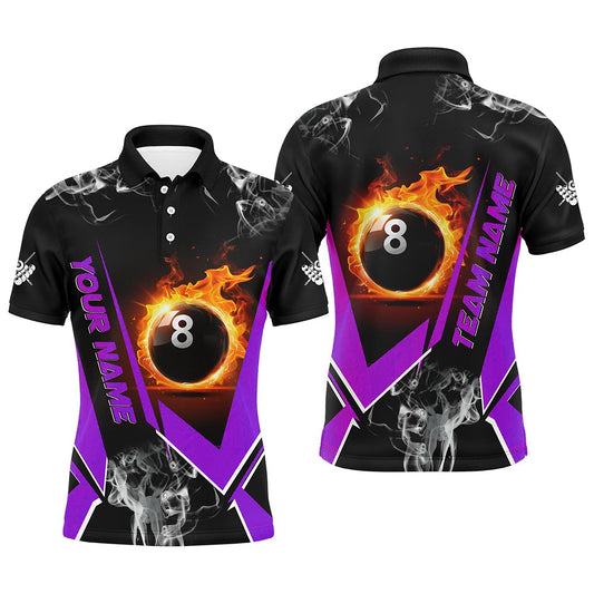Billiard Polo Shirts, Purple Billiard Jersey Flame 8 Ball Pool Custom Billiard Shirts Team League Billiard Uniform, Billiards Team Shirts